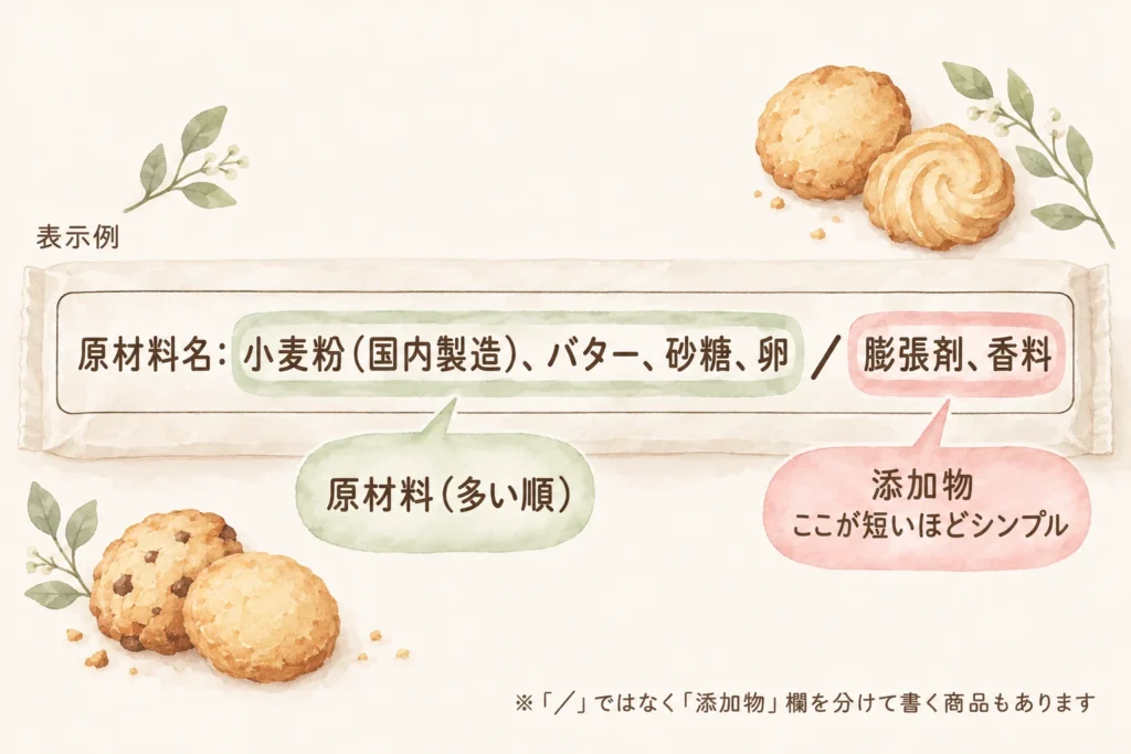 原材料表示の例。スラッシュより前が原材料、後ろが添加物